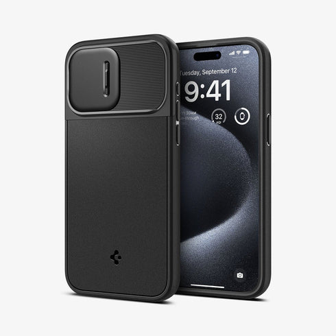 ACS06599 - iPhone 15 Pro Max Case Optik Armor (MagFit) in black showing the back with lens slot open